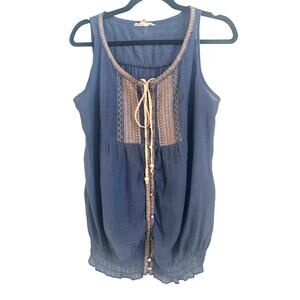 Mine Blue with Natural Tan Boho Tribal Design with Pearl Buttons Tank